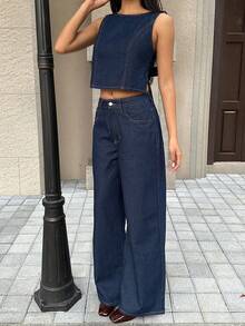 K-Vae 女士秋季休闲通勤背心长裤牛仔套装，韩版秋季女装，秋季女装，返校季服装 - 深色水洗藍 - 查看 5