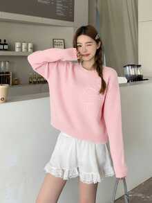 SHEIN Suéter de cuello redondo con patrón floral y unicolor para adolescentes, decoración de flores 3D, adecuado para invierno y Halloween - Rosa - Ver 5