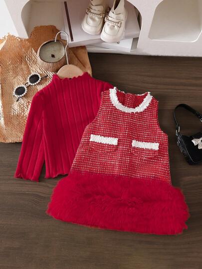 SHEIN Elladie kids 两件套女婴秋冬服装，返校季，适合3个月至3岁宝宝，红色时尚可爱弹力罗纹高领长袖荷叶边上衣，搭配圆领多层网纱裙，舒适柔软休闲套装，适合春、秋、冬三季室内外穿着，可作为礼物赠送。