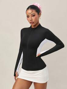 Dewbera 女士撞色长袖拉链修身运动夹克 - 黑與白 - 查看 6