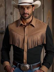 Manfinity Nomadique Men's Western Style Contrast Color Patchwork Fringe Embroidered Shirt Black And Khaki Shirt Men S Mens Embroidered Shirt Mens Western Tops Rodeo Shirt Men Men S Fringe Fringe Shirt - Multicolor - View 1