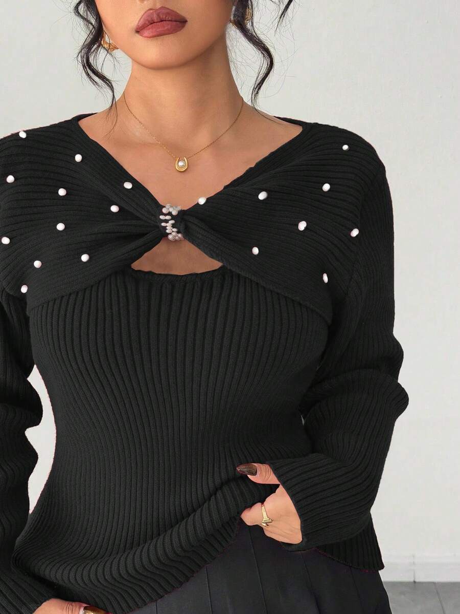 Auvina Plus Size Women's Twist Design Long Sleeve Elegant Pearl Embellished Sweater, Eye-Catching For Dates - Black - View 1