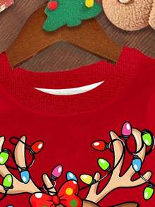 SHEIN Christmas Cute Cartoon Deer String Light Graphic Red Pullover Sweatshirt,Autumn Party Loose Fit Round Neck Warm Comfortable Top For Young Girl - Burgundy - View 4