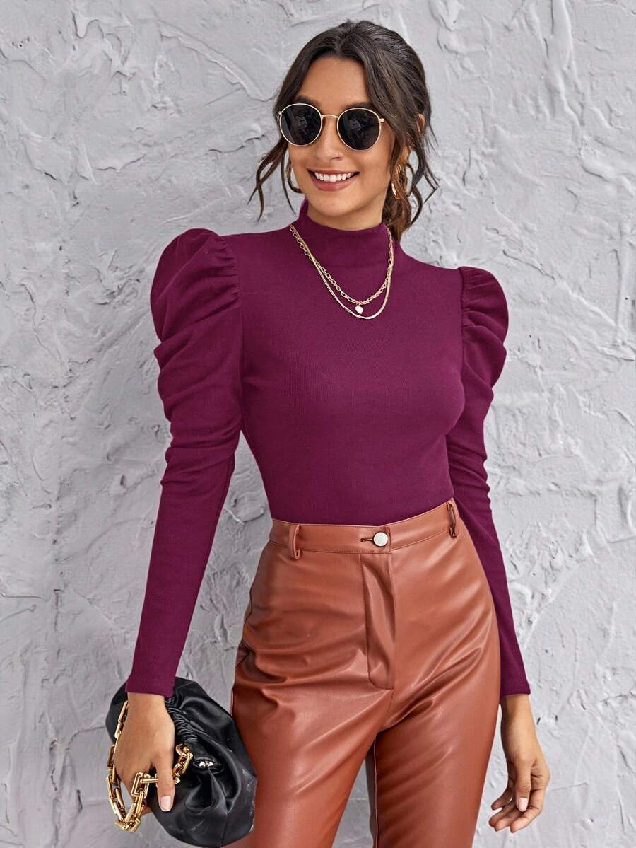 SHEIN Clasi 高领羊腿袖上衣 黑色上衣 - 紫羅蘭色 - 查看 1
