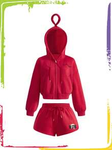Teletubbies X ROMWE Women's Casual Zip-Up Hoodie And Embroidered Shorts 2 Pieces Set, Autumn - Burgundy - View 9
