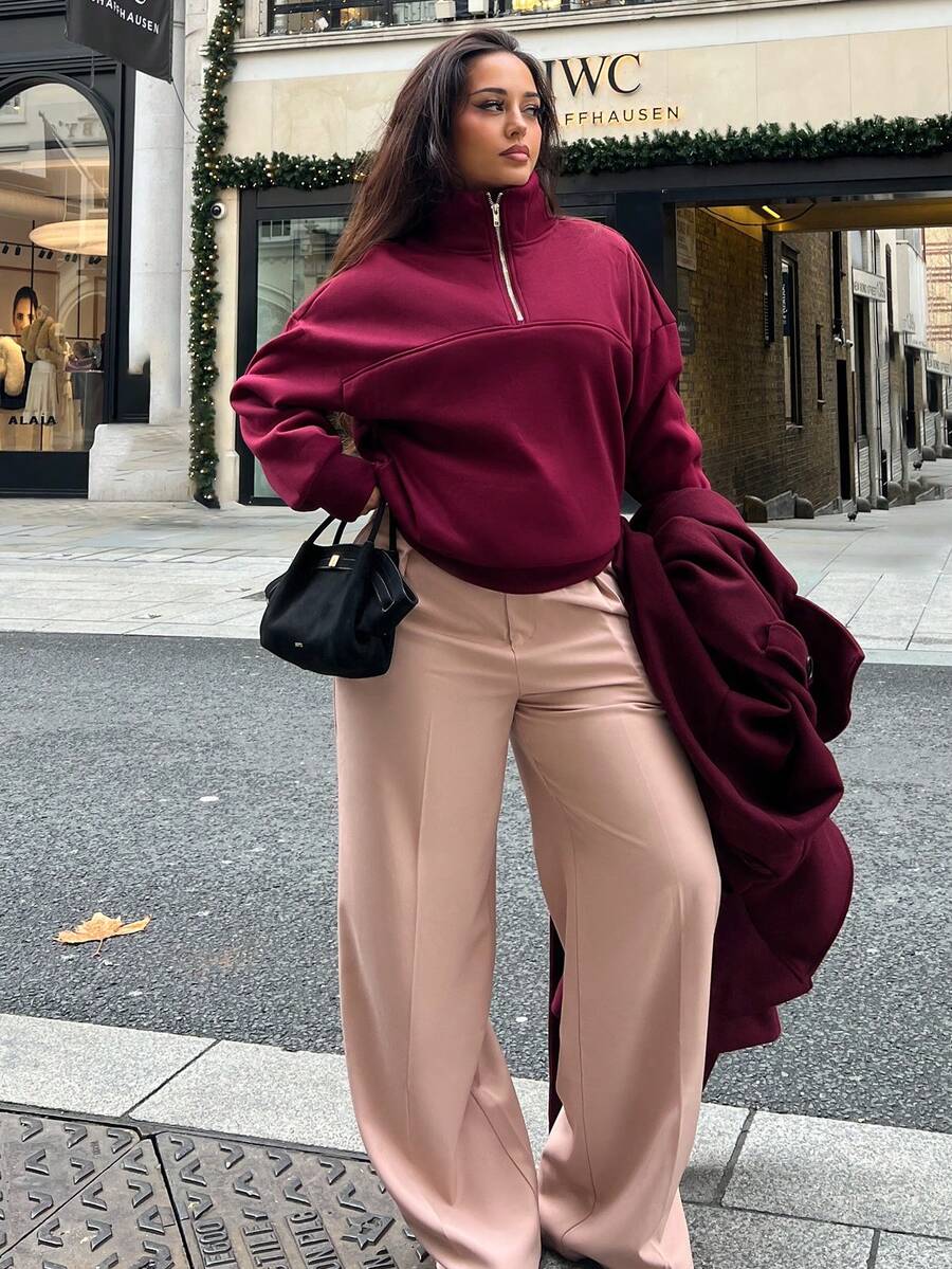 NegzBox Women's Loose Zip-Up Hoodie - Burgundy - View 1