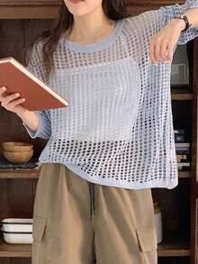 DAZY 镂空独特薄款长袖女式毛衣 - 藍色 - 查看 3