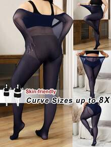 SHEIN CURVE+ Plus Size Women Sheer High Stretch Footless Leggings Skin-Friendly Tights Plus Size Tights - Navy Blue - View 10