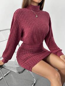 SHEIN PETITE 女款高領落肩抓皺緊身洋裝，休閒酒紅色洋裝，新年洋裝，適合嬌小女性 - 酒紅色 - 查看 6