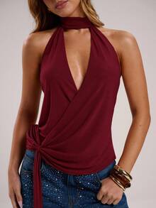 SHEIN BAE 女士纯色深V领褶皱性感时尚吊带上衣 - 酒紅色 - 查看 4