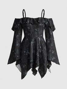 ROMWE Gothic Cat & Plant Print Off Shoulder Fitted Asymmetrical Hem Dress - Black - View 5
