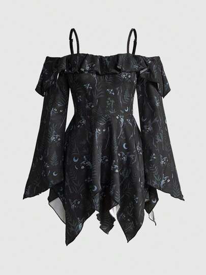 Gothic Cat & Plant Print Off Shoulder Fitted Asymmetrical Hem Dress