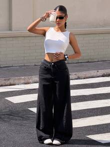 Muchica 100% Cotton Women's Black Casual Versatile Fashion Wide Leg Jeans, For Autumn Winter Halloween Christmas New Year - Black - View 3