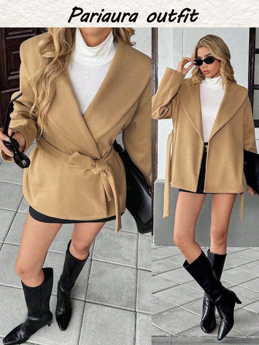SHEIN PariChic Women's Autumn/Winter New Vintage French Style Camel Lapel Cinched Waist Waist Elegant Wool Blend Coat - Khaki - View 1