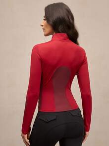 Activina Top équestre ajusté à manches longues avec patchwork de couleurs contrastées pour femmes - Rouge foncé - Voir 2