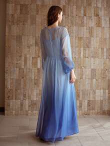 MOTF PREMIUM WOMEN'S ELEGANT FLOWY LONG MULBERRY SILK DRESS, SUMMER - Blue - View 4