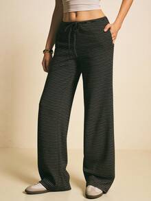 Poéselle بنطلون نسائي كاجوال للارتداء اليومي والتنقل، مرن بخصر رباط، بطبعة شريطية، قصة واسعة مستقيمة الساق - بني - مشاهدة 4