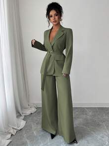 Elenzga Bộ vest quần ống rộng ống đứng dáng rộng thời trang xuân/thu 2025 thanh lịch, giản dị, đi làm/đi chơi, thắt lưng kim loại, tay dài - xanh quân đội - Xem 3