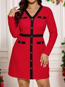 Comfylo Plus Size Textured Colorblock Long Sleeve Waist Cinched Elegant Knit Dress Red Red Top Red Dresses For Women Red Dresselegant Red Christmas Dress Elegant Dresses For Women Elegant Dress For Women Elegant Dress Elegant Dresses For Party Elegant Dresses For Ladies Graduation Dress New Year Dress New Year Clothes Clothes For New Year Christmas Party Dress  Christmas Women's Clothing Winter Dresses For Women Thanksgiving Formal Dress Formal Dress For Women - Red - View 9