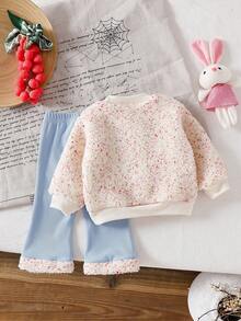 SHEIN 2件套女婴秋冬蓬松针织长袖上衣+粉色针织裤休闲套装 - 藍色 - 查看 2