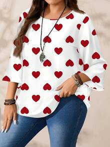 Mellowie 大码女式休闲印花圆领宽松七分袖衬衫 - 紅色 - 查看 7