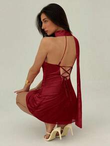 Aloruh Women's Solid Color Oblique Shoulder Backless Fashionable Fitted Mini Dress,Party Dresses For Women Short Summer Outfits Clothes Holiday Floral - Burgundy - View 3