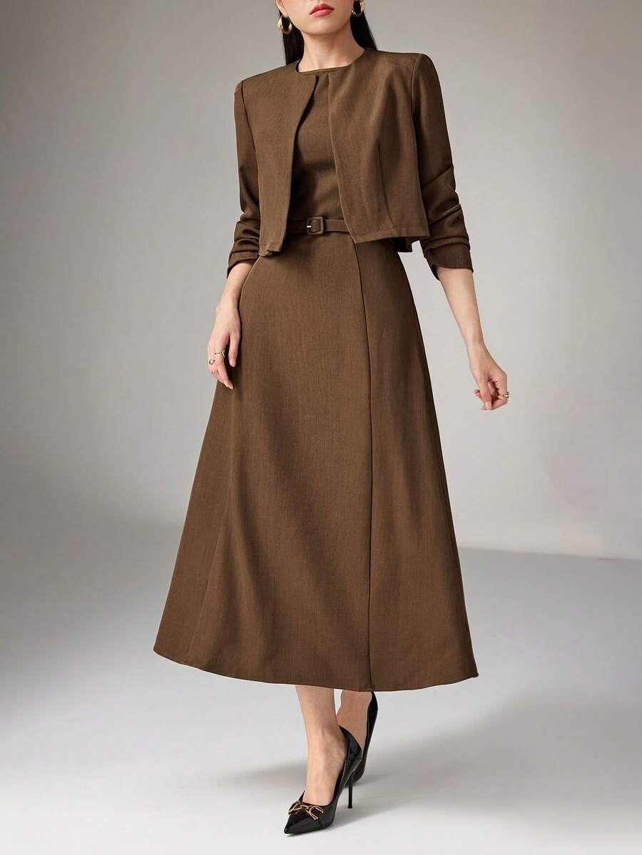 Heiryn 女士纯色简约长袖外套连衣裙两件套，日常穿着 - 棕色 - 查看 1
