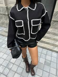 SHEIN Unity Women's Full And Winter Black Jacket, Contrasting White Edges, Elegant And Simple Autumn Match, Back To School, Teacher Uniform, Airport Uniform, Soft And Warm, Simple Daily Wear - Black and White - View 3