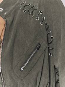 MUSERA Button Funnel Neck Detail Rib Cinched Waist Fitted Jacket Autumn Winter Fall Going Out Everyday Night Out Casual Cool Streetwear Washed Spring - Light Grey - View 6