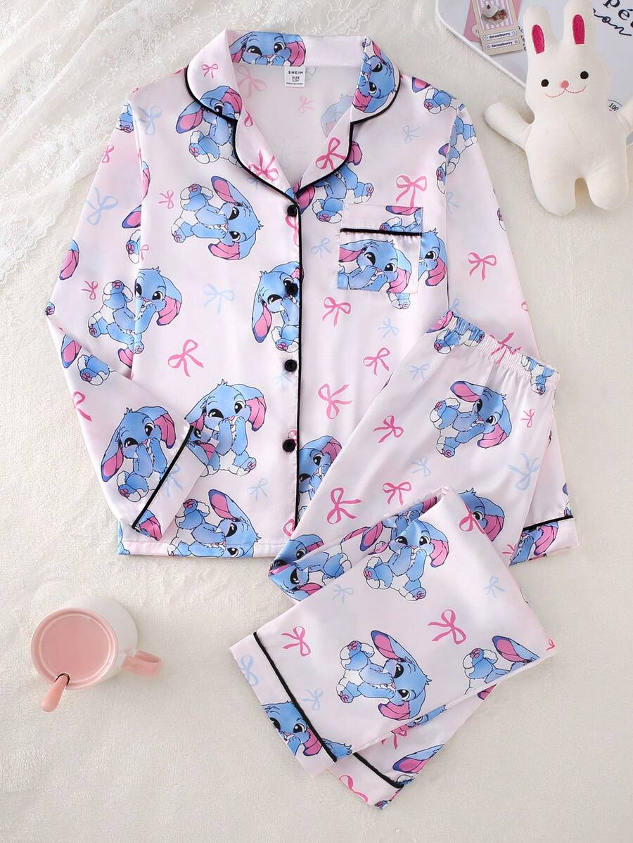 Bộ đồ ngủ lụa giả in họa tiết gấu sọc hồng cho bé gái tuổi teen có cổ và tay dài - Nhiều màu - Xem 1