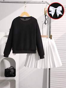 Sparklyn 2 Stücke Mädchen Süß & Cool Stil Set, Rundhals Schleifendekor Sweatshirt und hochtailliger plissierter Rock, geeignet für Schule, Lässig Ausflüge, Zusammenkünfte - Schwarz - Übersicht 2