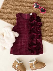 Playful Pals Baby Girls' Princess Style Round Neck Sleeveless Dress With Front Bow & Invisible Back Zipper, Autumn/Winter - Burgundy - View 6