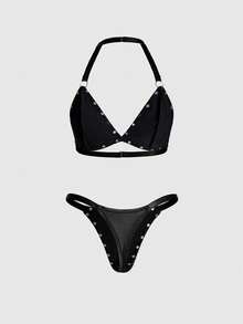 ROMWE Grunge Punk 女士哥特式镂空蕾丝三角杯文胸和丁字裤内衣套装，性感 - 黑色 - 查看 2