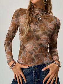 Freevana Women's Casual Vacation Style Floral Print Funnel Neck Long Sleeve Fitted Cropped Top, Autumn Boho Women Clothing Western Sheer Top Romantic - Multicolor - View 5