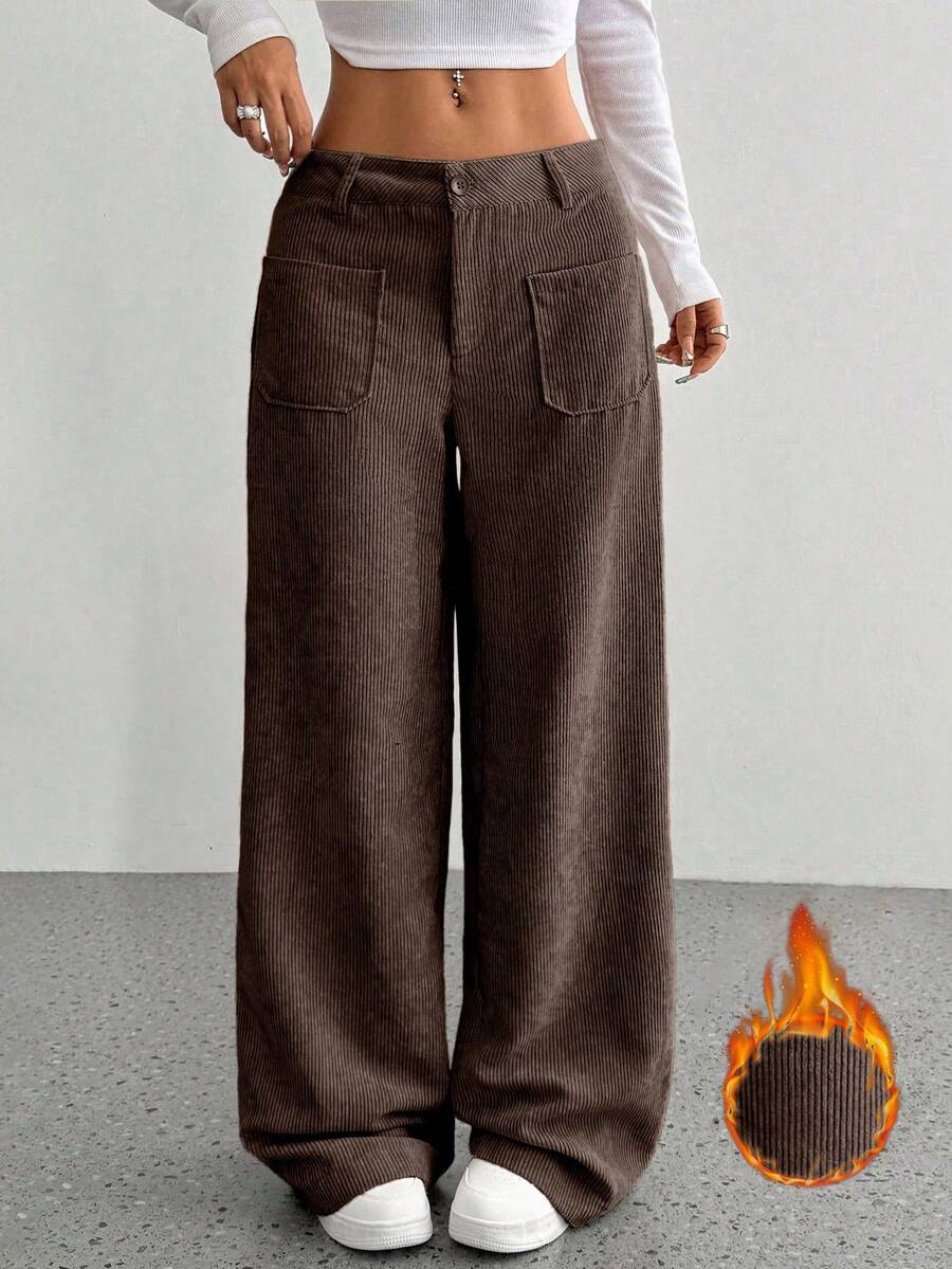 SHEIN Unity Women's Solid Color Loose Fit Corduroy Straight Leg Pants With Dual Pockets Fall Cloth For Women - Brown - View 1