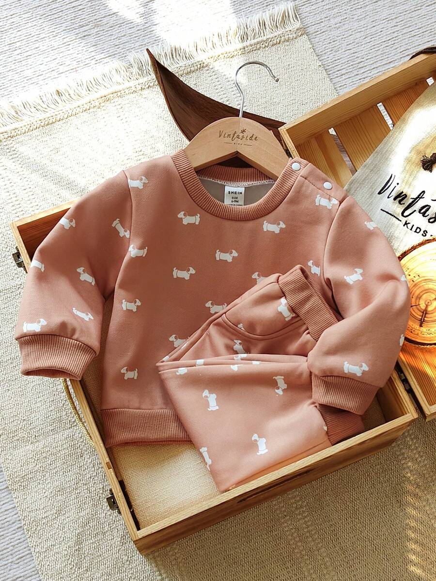 Vintaside Kids 2 件套：长袖圆领狗狗印花上衣和配套长款狗狗印花裤，幼儿男童运动服 - 彩色 - 查看 1