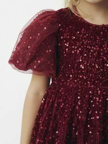 Maija Kids Young Girl Classic Fashion Versatile Party & Casual Elegant Minimalist Sequin Round Neck Petal Sleeve Design Shiny Sophisticated Graceful Dress, Suitable For Christmas - Rose Red - View 5