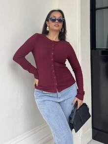 NegzBox Ribbed Button Through Long Sleeve Crew Neck Top Casual Vacation Airport Holiday Fall Winter Christmas - Burgundy - View 4