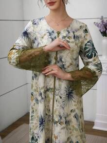 Al Najma Váy ren tay lỡ cổ chữ V in họa tiết kèm khăn trùm đầu - Nhiều màu - Xem 2