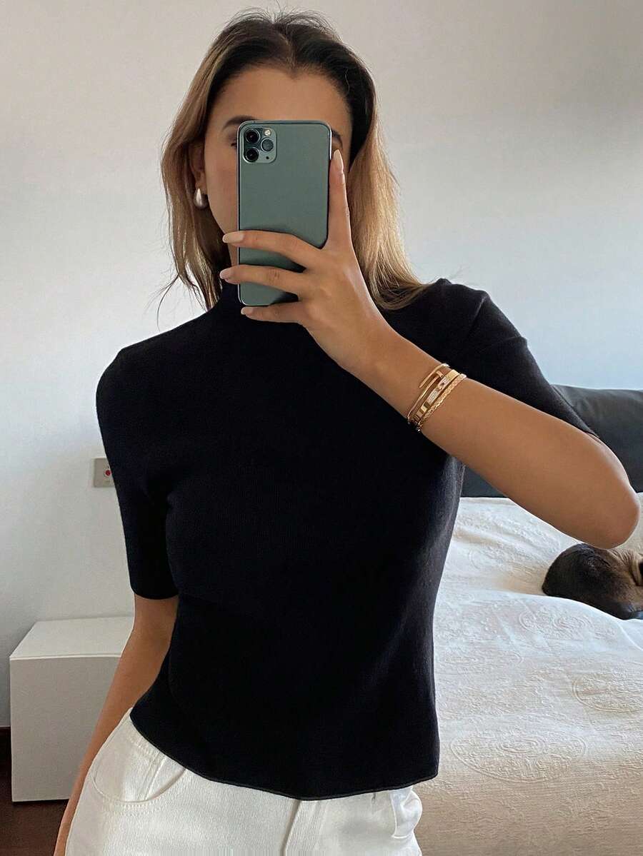 DAZY 女士纯色修身休闲正装高领针织上衣,秋冬季 - 黑色 - 查看 1