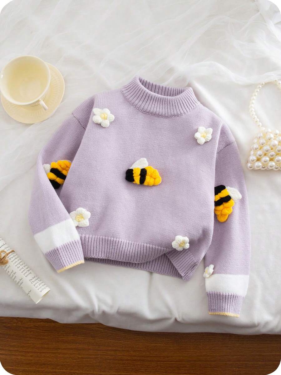 Maglione lavorato a maglia viola casual, alla moda e carino con fiori e api, morbido e confortevole, adatto per scene quotidiane, viaggi, vacanze, casa, asilo, autunno e inverno, Natale, apertura scolastica, feste, stile versatile a maniche lunghe, abbigliamento primaverile, autunnale e invernale, abiti da ragazza per festival, maglione con api e girasoli, maglioni carini per bambini, set di abbigliamento con api e girasoli, taglia 7 - Viola chiaro - Visualizzare 1