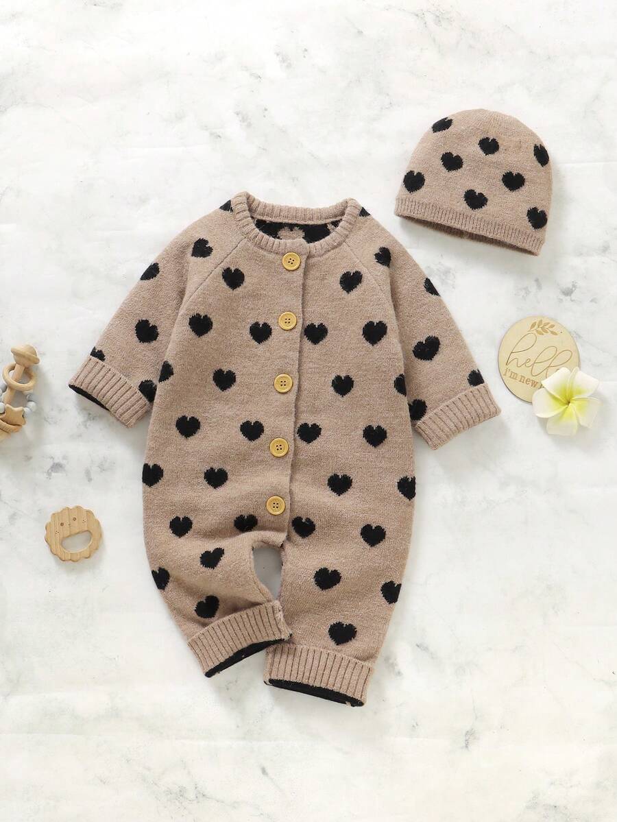 SHEIN Baby Girl Casual Full Heart Pattern Raglan Sleeve Button-Front Cardigan Jumpsuit With Hood, Autumn/Winter Baby Set Autumn Winter Season Vintage Winter Baby Clothes Baby Girl Clothes Spring Fall Baby Clothes Neutral Warm Baby Girl Clothes Baby Knitted Outfit Newborn Baby Winter Clothes Baby Christening Outfit Knitted Baby Outfit Baby Girl Heart Outfit Knit Baby Outfit Baby Sweater Romper Baby Sweater Sets Baby Sailor Outfit Newborn Christmas Clothes Baby Girl Outfit Baby Romper Newborn Sweater Romper Neutral Baby Clothes Unisex Baby Girl Knitted Outfits Jumpsuit For Baby Girl Elegant Baby Knit Jumpsuit - Khaki - View 1