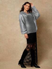 Freevana Plus Size Solid V-Neck Drop Shoulder Long Sleeve Loose Knit Pullover Sweater - Silver - View 5