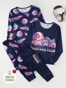 4pcs/Set Boys' Casual Minimalist Long Sleeve Snug Fit Pajama Set, Soft & Comfortable Home Wear, Football Pattern, Winter Matching Pajama Set Lilo And Stich Tween Lounge Set Dinosaur - Multicolor - View 3