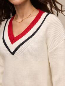 Activina Women's Golf & Tennis V-Neck Raglan Long Sleeve Striped Sweater - White - View 7