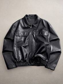 AXEPEAK 男士短款黑色皮夹克，秋冬 - 黑色 - 查看 1