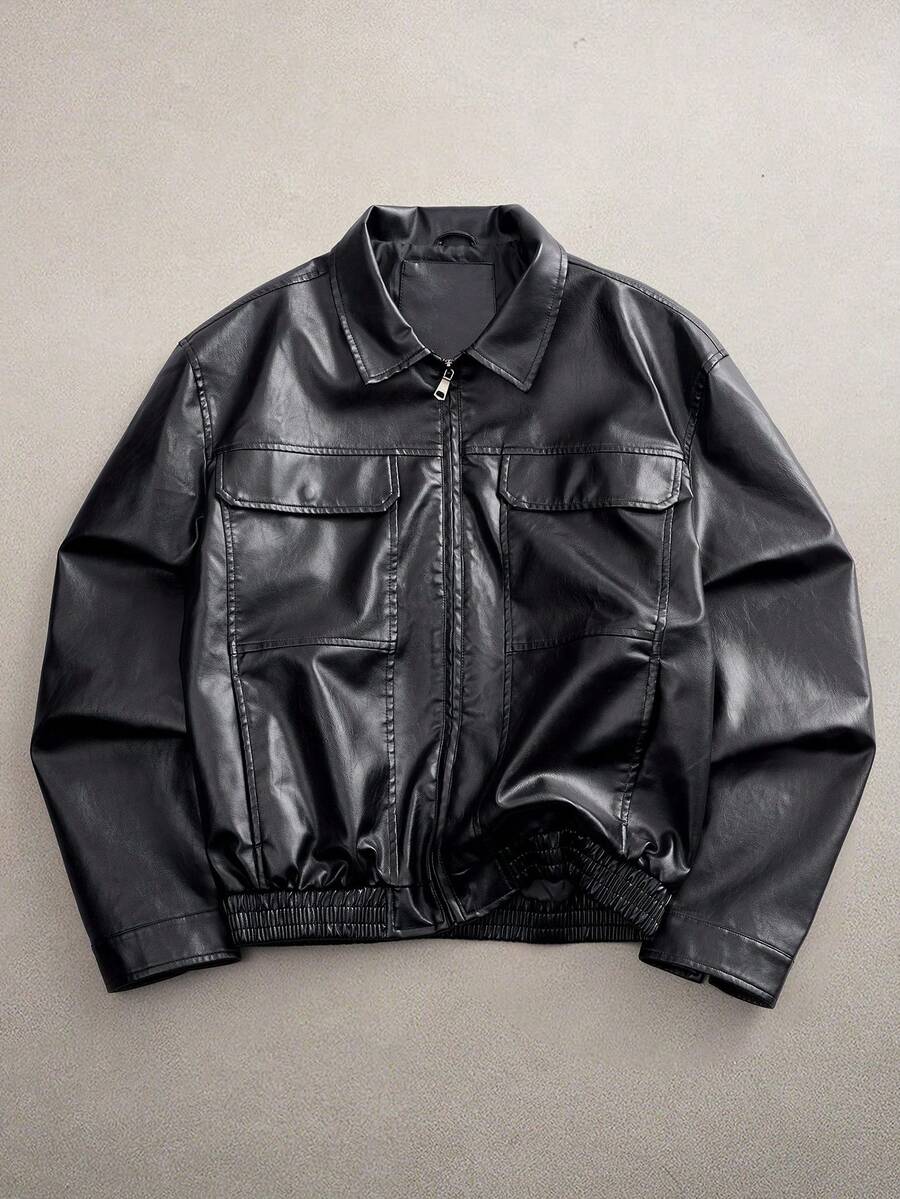 AXEPEAK 男士短款黑色皮夹克，秋冬 - 黑色 - 查看 1