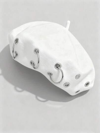 Grunge Punk 1 pieza Boina estilo punk con remaches circulares huecos, Gorra de periódico con colgante redondo Y2K, Artículo de moda personalizado para uso diario