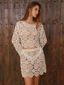 Swim Chiccia Women's Solid Color New Summer Beach Hollow Out Regular Crochet Beach Vacation Mini Skirt - Apricot - View 7