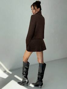 Aloruh 女士复古厚针织高领毛衣和迷你裙两件套，深灰色，适合秋冬季节穿着。